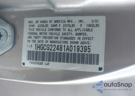 2001 Honda Accord 3.0 Lx z USA, uszkodzony, nr VIN 1HGCG22481A019395
